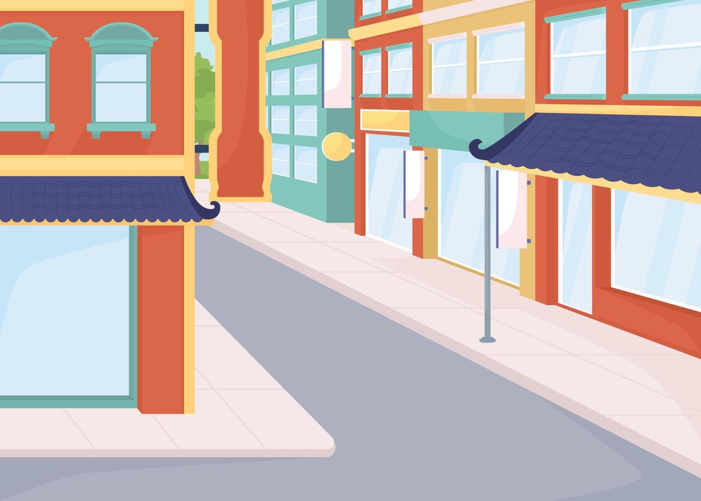 ilustração em vetor cor plana de chinatown. infraestrutura urbana. lugar público. distrito comercial com lojas. paisagem urbana de desenho animado simples 2d totalmente editável com bela arquitetura no fundo
