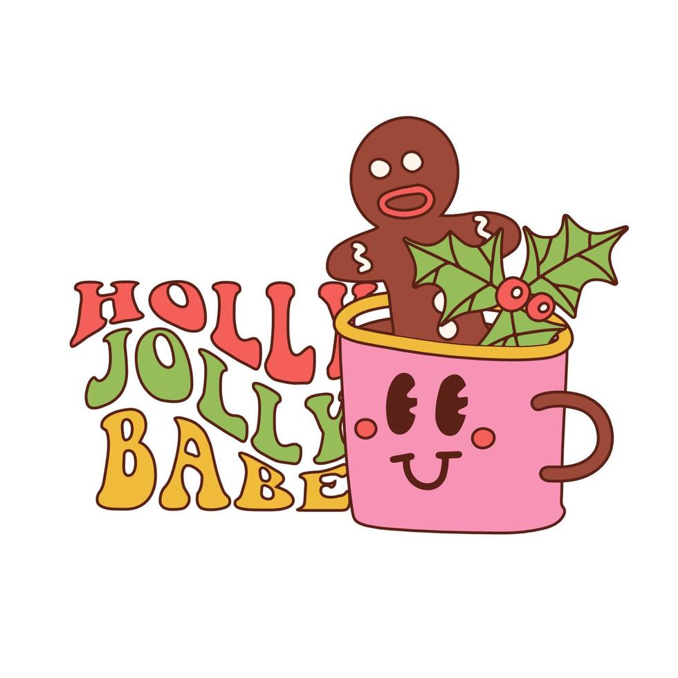 hippie groovy natal doce doce de gengibre na caneca quente isolada no branco. frase de letras holly jolly babe. cartaz de época festiva de férias de Natal retrô dos anos 60 70. ilustração vetorial de contorno. vetor