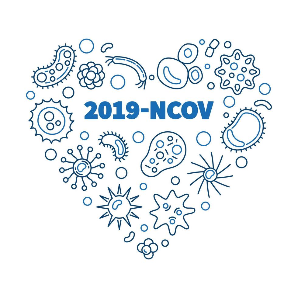 ilustração de linha azul do conceito de vetor de coração do vírus 2019-ncov