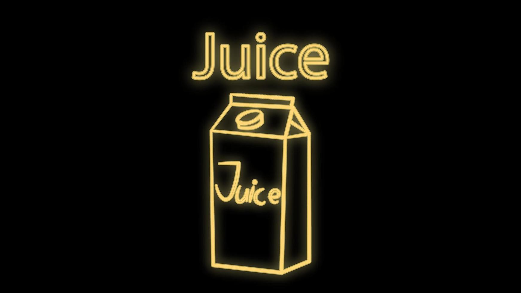 caixa de sinal de néon de suco. ilustração brilhante de pacote de suco com pedaço de tubo de laranja e plástico sobre fundo de tijolo azul. pode ser usado para lojas, mercearias, anúncios, supermercados vetor
