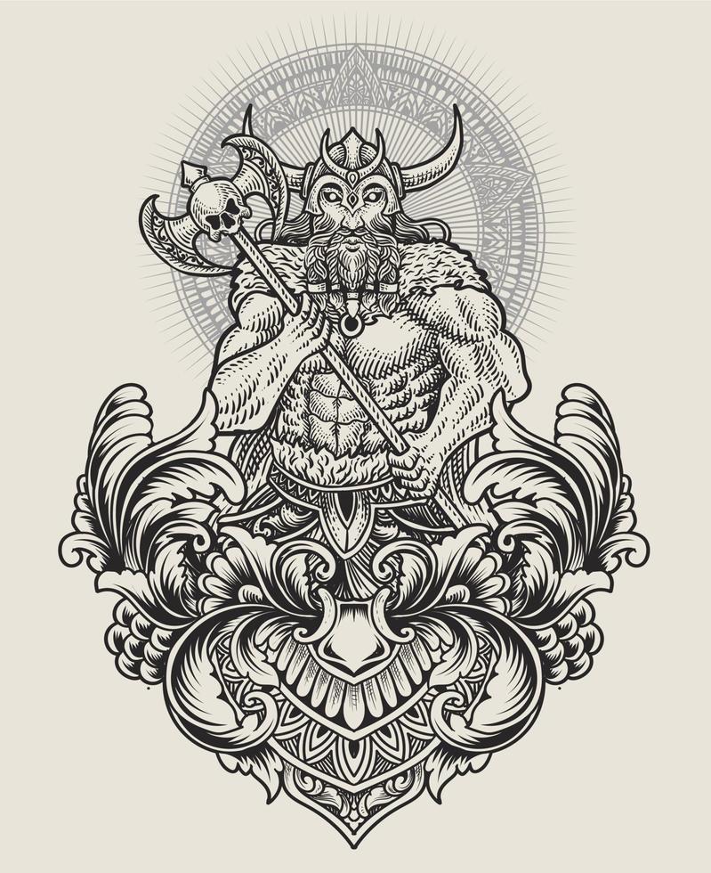 ilustração guerreiros vikings antigos com ornamento de gravura vetor