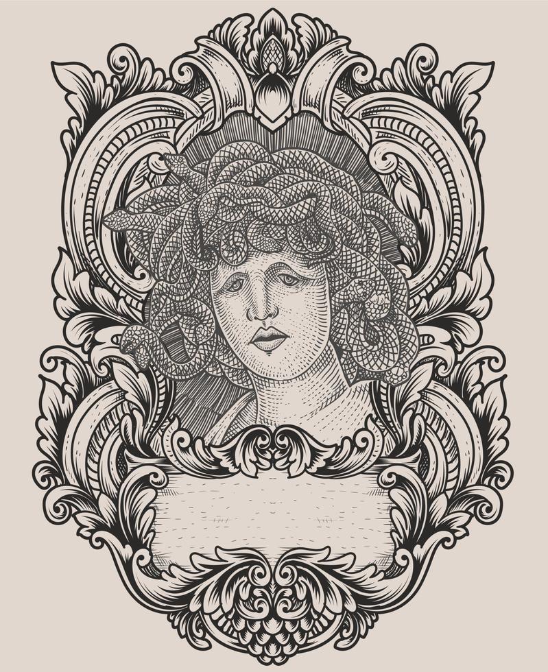 cabeça de medusa de ilustração com moldura de ornamento de gravura vetor