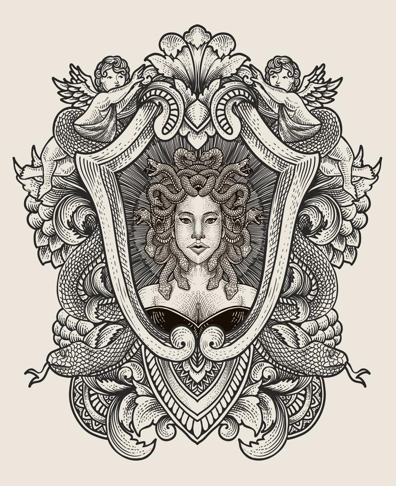 cabeça de medusa de ilustração com moldura de ornamento de gravura vetor