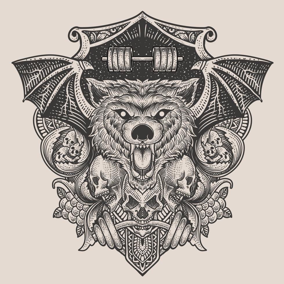 ilustração cabeça de lobo baddas com caveira com ornamento de gravura vetor