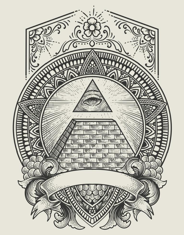 ilustração da pirâmide illuminati com estilo de gravura vetor