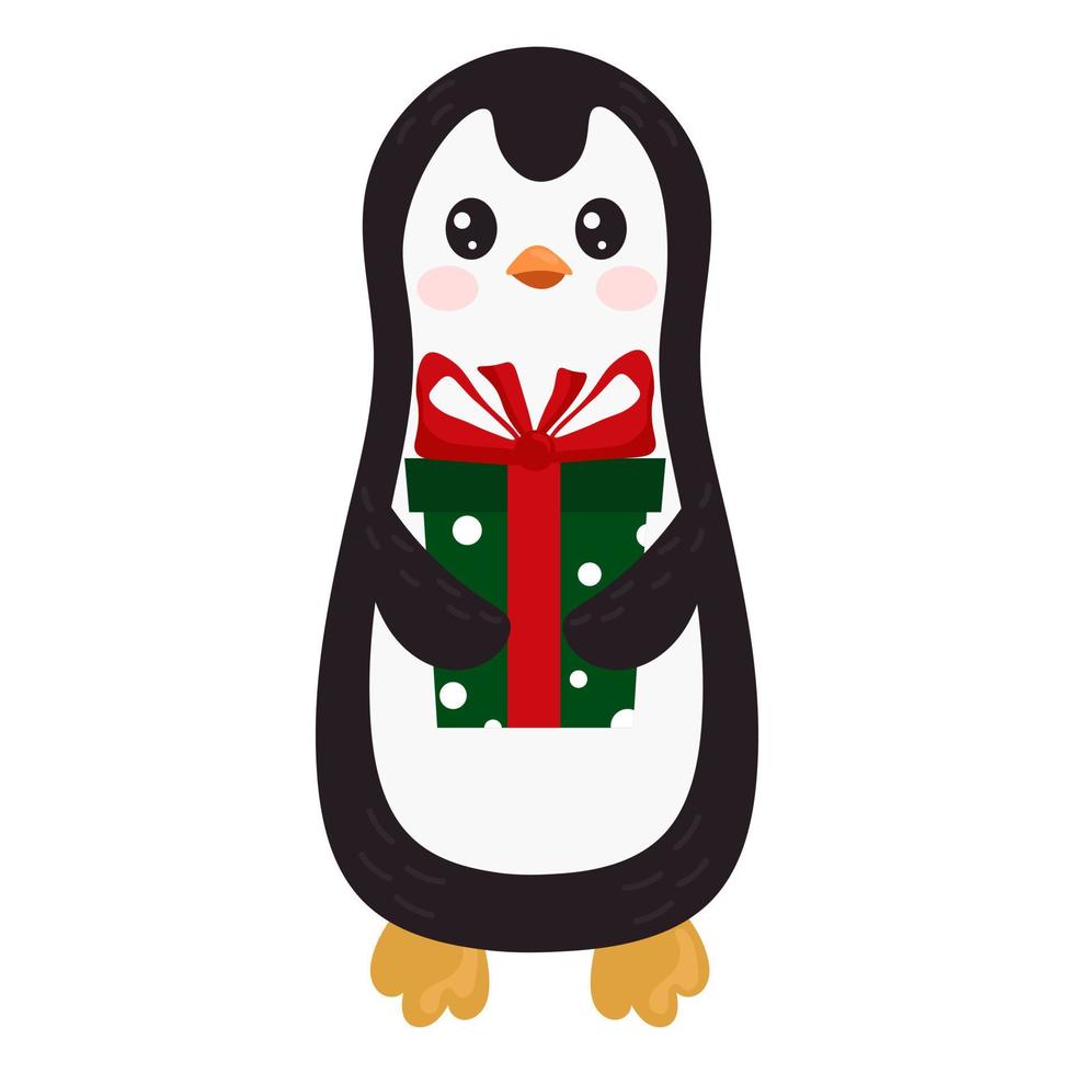 ilustração vetorial com pinguim segurando um presente. objetos isolados no fundo branco. ilustração para pôster, cartão postal, design, impressão de t-shirt. vetor