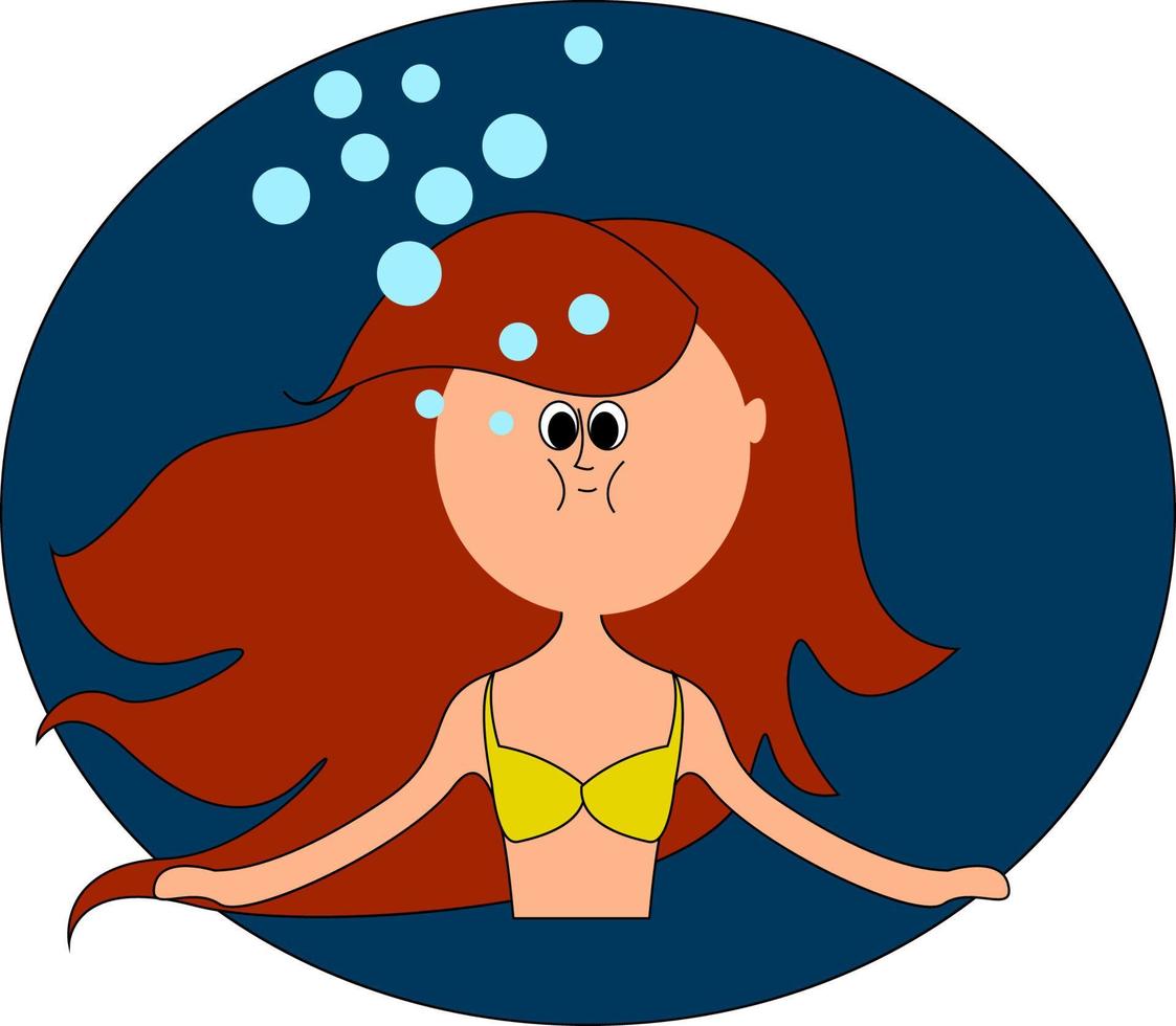 mulher com cabelo vermelho debaixo d'água, ilustração, vetor em fundo branco.