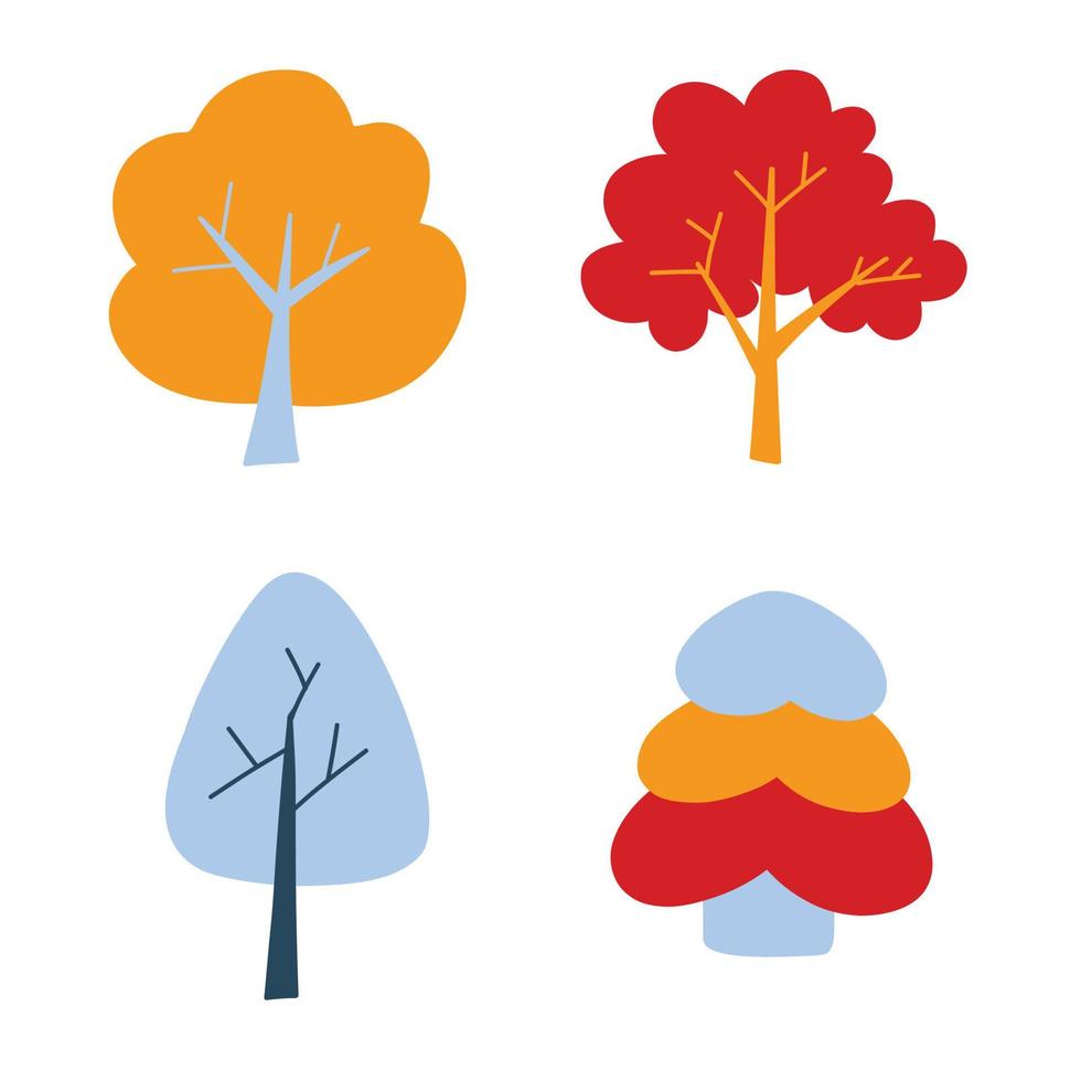 vetor definido com lindas árvores coloridas no estilo doodle, árvores coloridas dos desenhos animados. ilustrações fofas para cartões postais, cartazes, tecidos, design