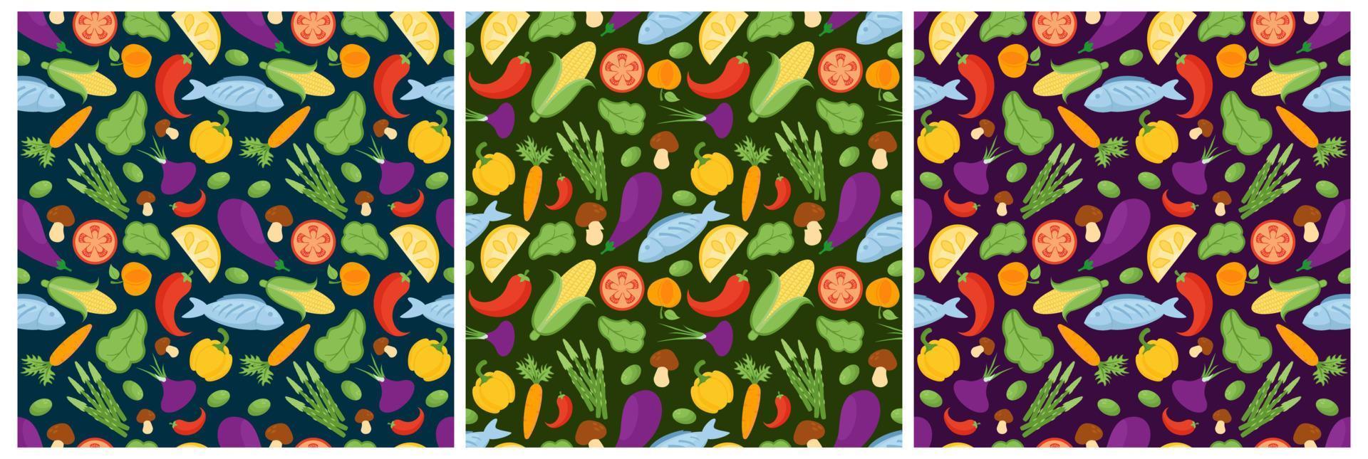 conjunto de design de padrão sem costura vegetariano, frutas ou legumes com alimentos frescos, orgânicos e naturais na mão desenhada ilustração de fundo de desenho animado plano vetor