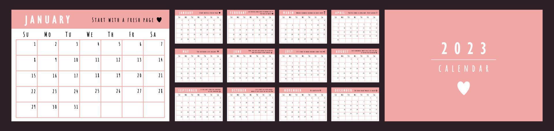Modelo de planejador de calendário 2023 com citações. a semana começa no domingo. calendário fofo de parede rosa. conjunto de 12 meses vetor