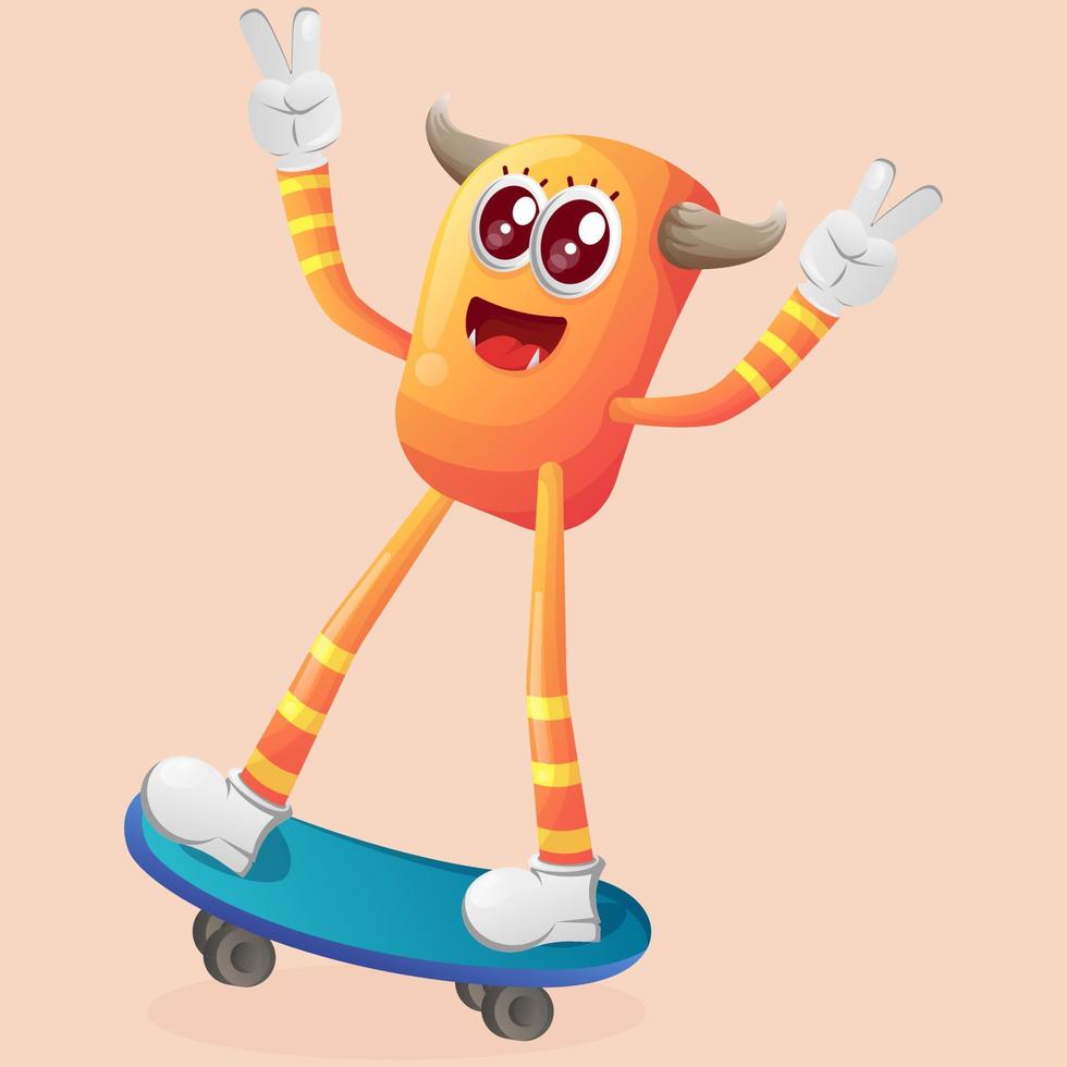 lindo monstro laranja jogando skate, andando de skate vetor