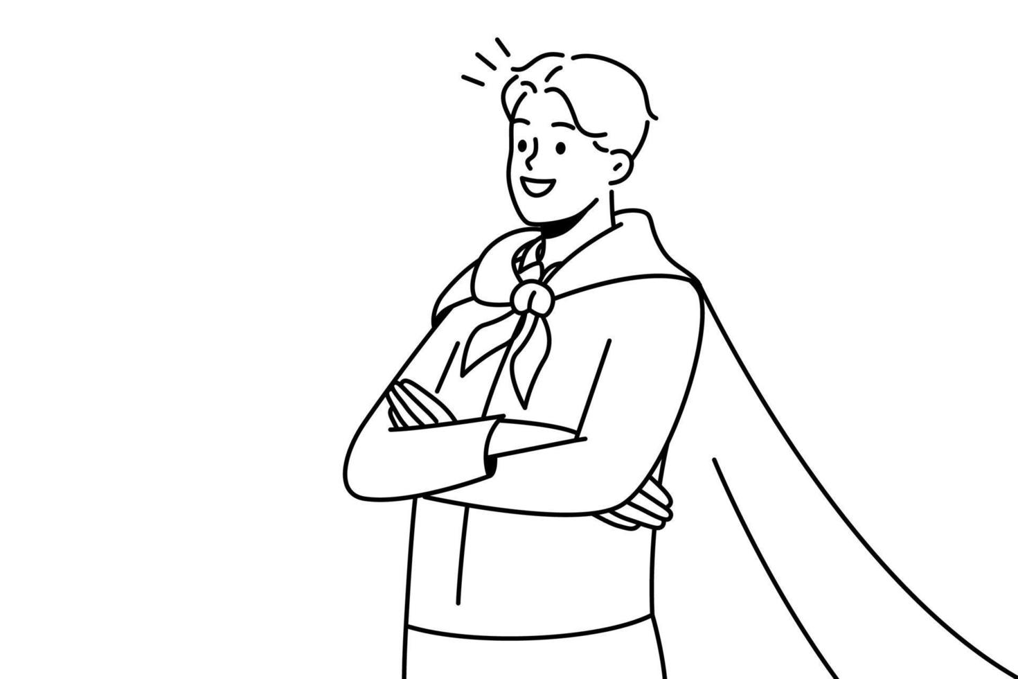 sorrindo motivado homem vestindo casaco do super-homem satisfeito com conquista ou realização. feliz empresário de sucesso com casaco de super-herói. ilustração vetorial. vetor