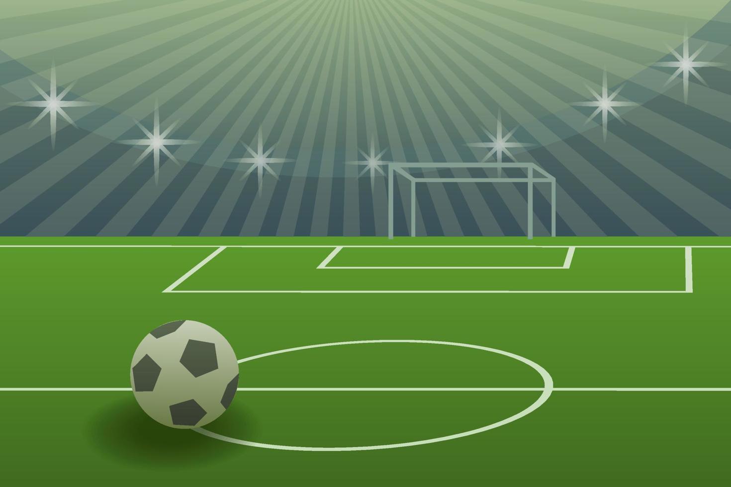 bola de futebol em um estádio em frente aos portões. ilustração em perspectiva, campo de futebol de renderização 3d com bola, portão e holofotes. vetor