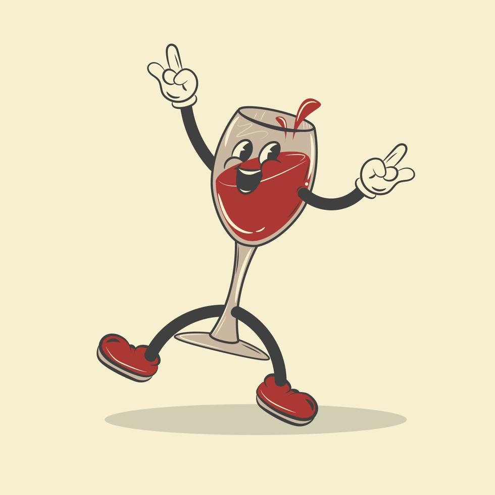 vetor de personagem de desenho animado de copo de vinho retrô