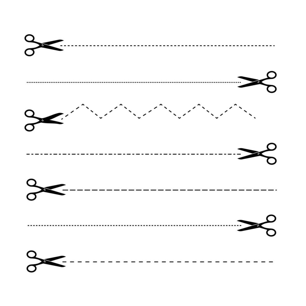 tesouras e linhas de corte. tesoura com linhas de corte pontilhadas e tracejadas. ilustração vetorial de estoque. vetor