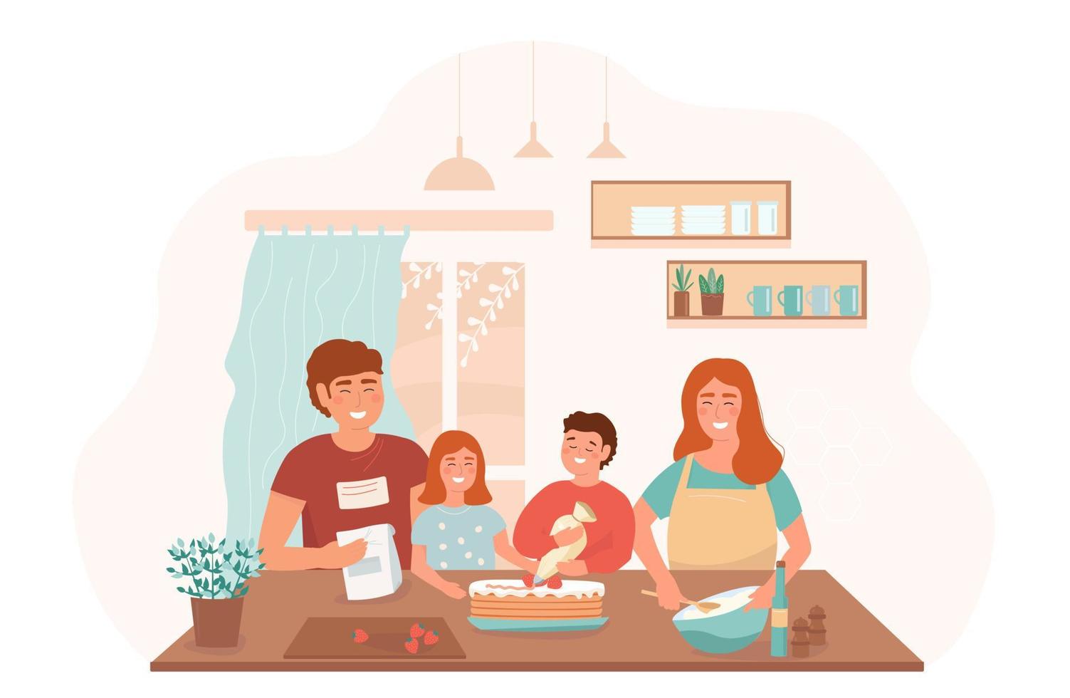 uma família feliz cozinha um bolo na cozinha. mãe, pai, filhos passam tempo juntos. gráficos vetoriais. vetor