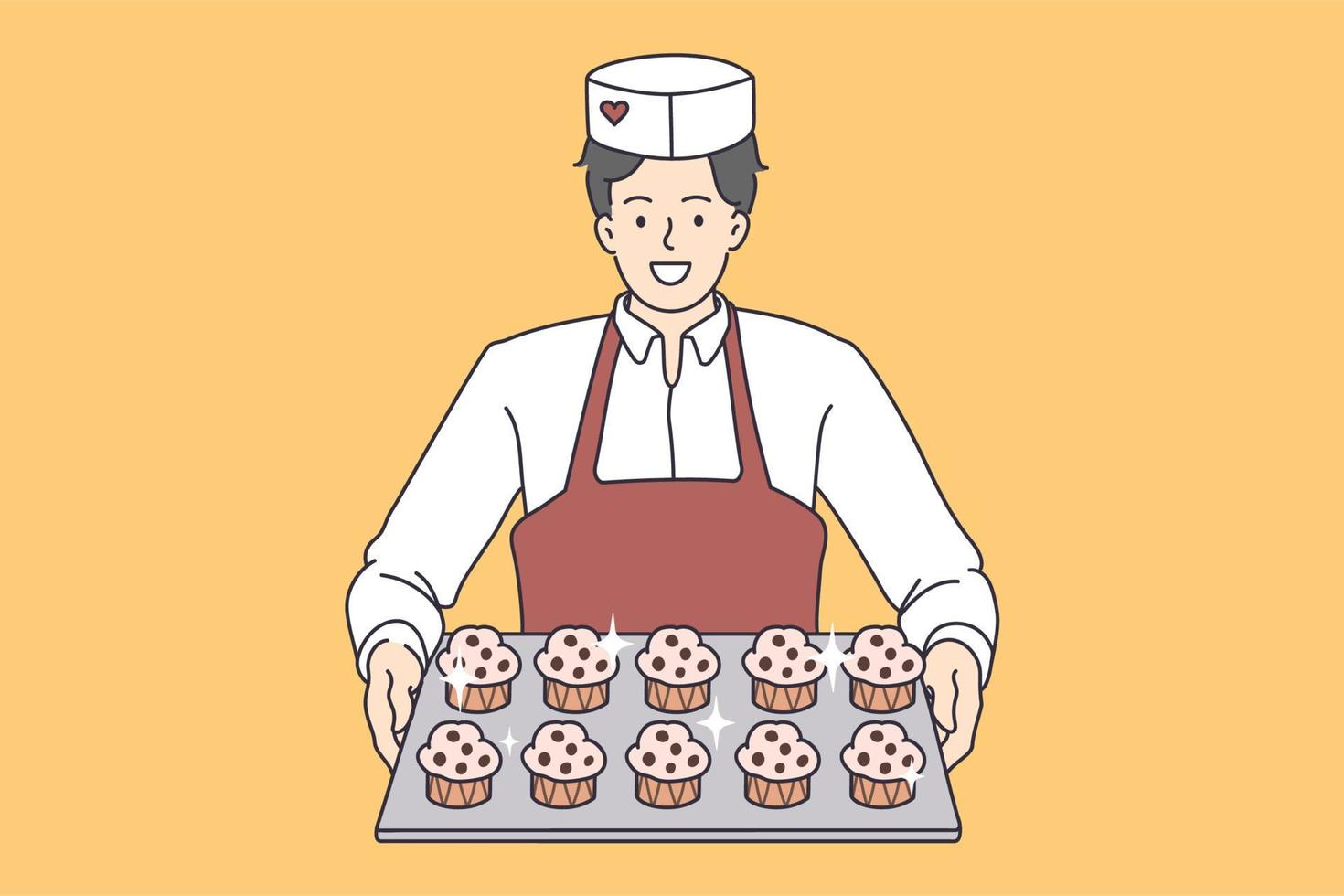 trabalhador de pastelaria com bandeja de cupcakes. ilustração em vetor conceito de padeiro de sobremesas servindo bolinhos doces.