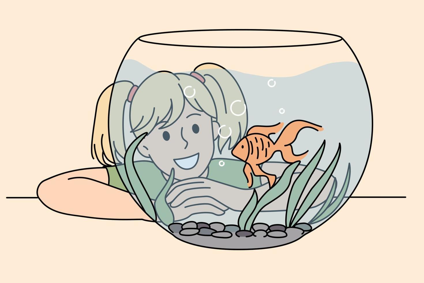 garota sorridente feliz admirando peixes bonitos dourados no aquário de vidro. ilustração em vetor conceito de momento feliz de criança com animal de estimação.