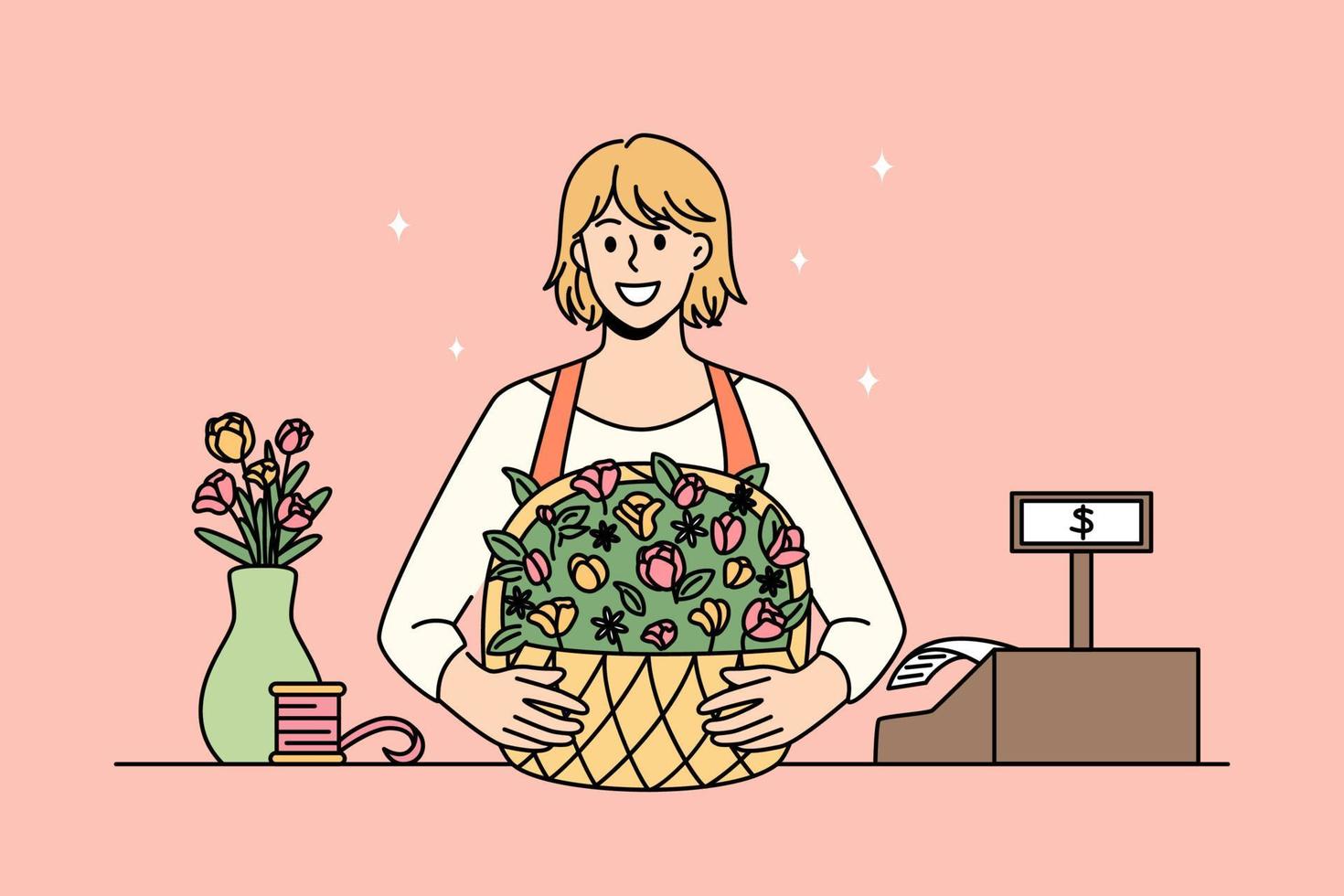 trabalhando como florista no conceito de loja. personagem de desenho animado jovem sorridente em pé na loja com buquê durante sua ilustração vetorial de trabalho de florista vetor