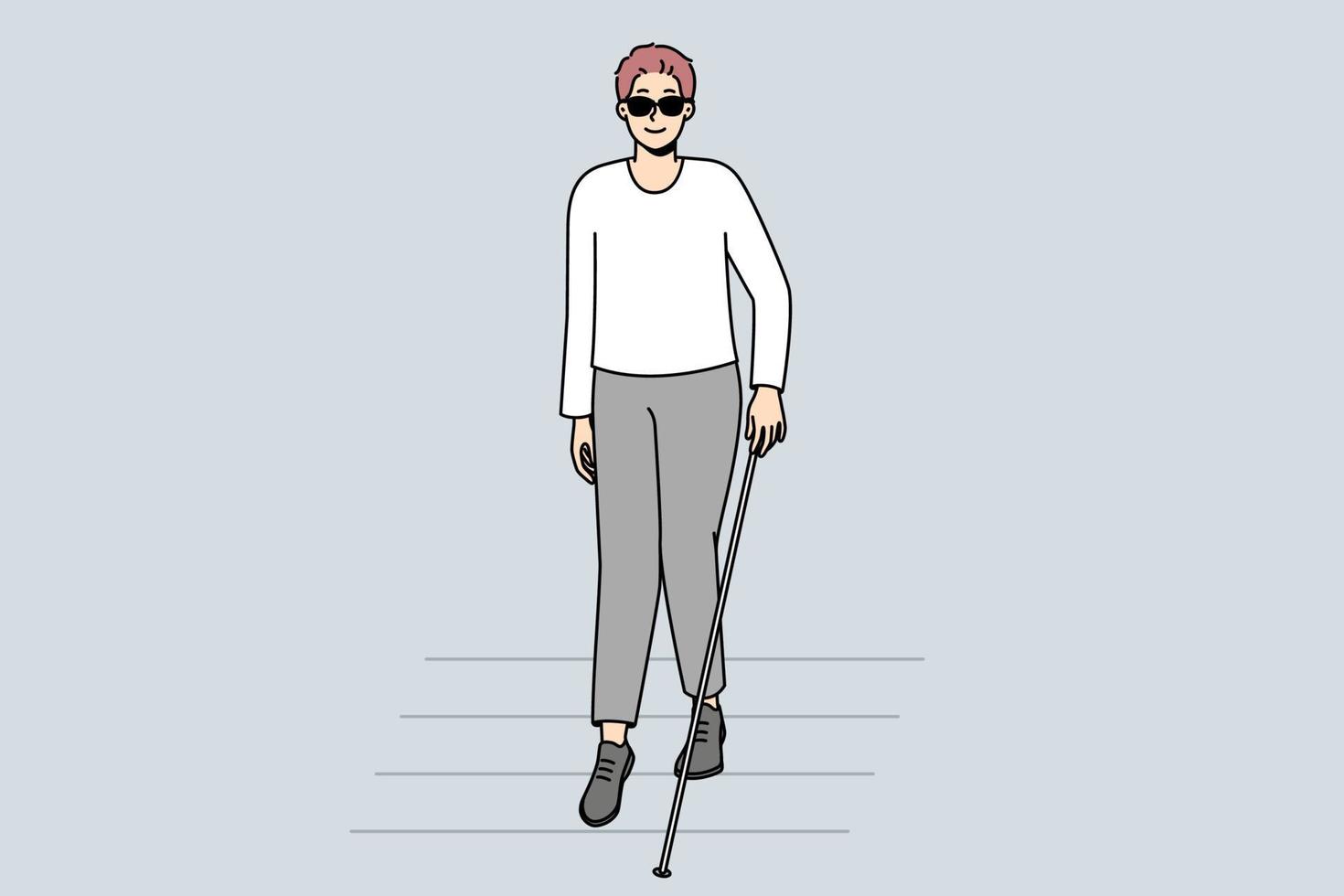 cego com bengala andando na faixa de pedestres. homem com deficiência em óculos escuros, cruzando a estrada. deficiência e saúde. ilustração vetorial. vetor