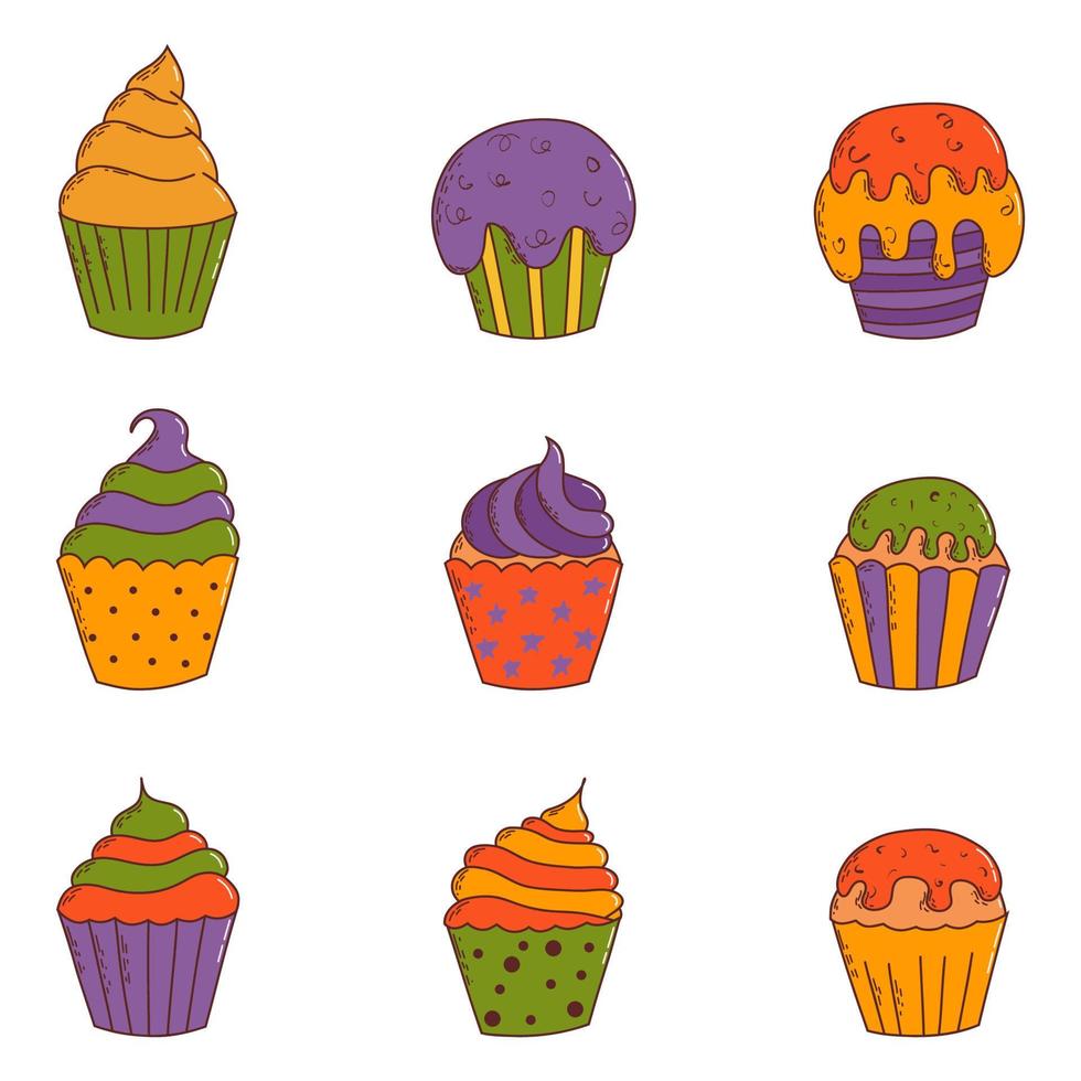 cupcakes fofos de halloween. elementos do dia das bruxas. conceito de gostosuras ou travessuras. ilustração vetorial em estilo desenhado à mão vetor