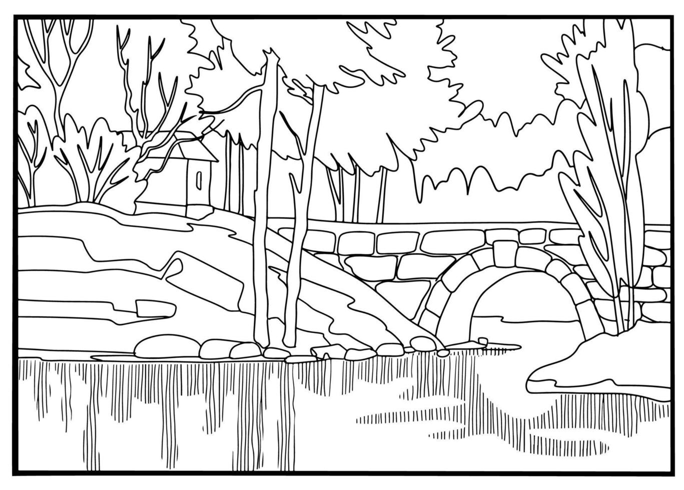 livro de colorir . linda paisagem, rio, ponte e árvores. fundo de linha de arte vetorial. vetor