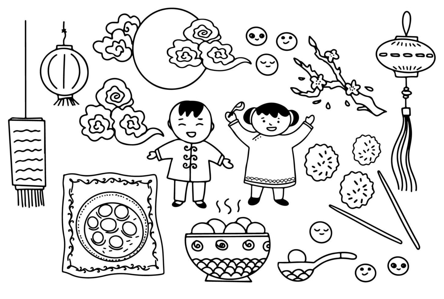 conjunto de doodle de bolas de arroz glutinoso. festival do solstício de inverno. comida chinesa. vetor