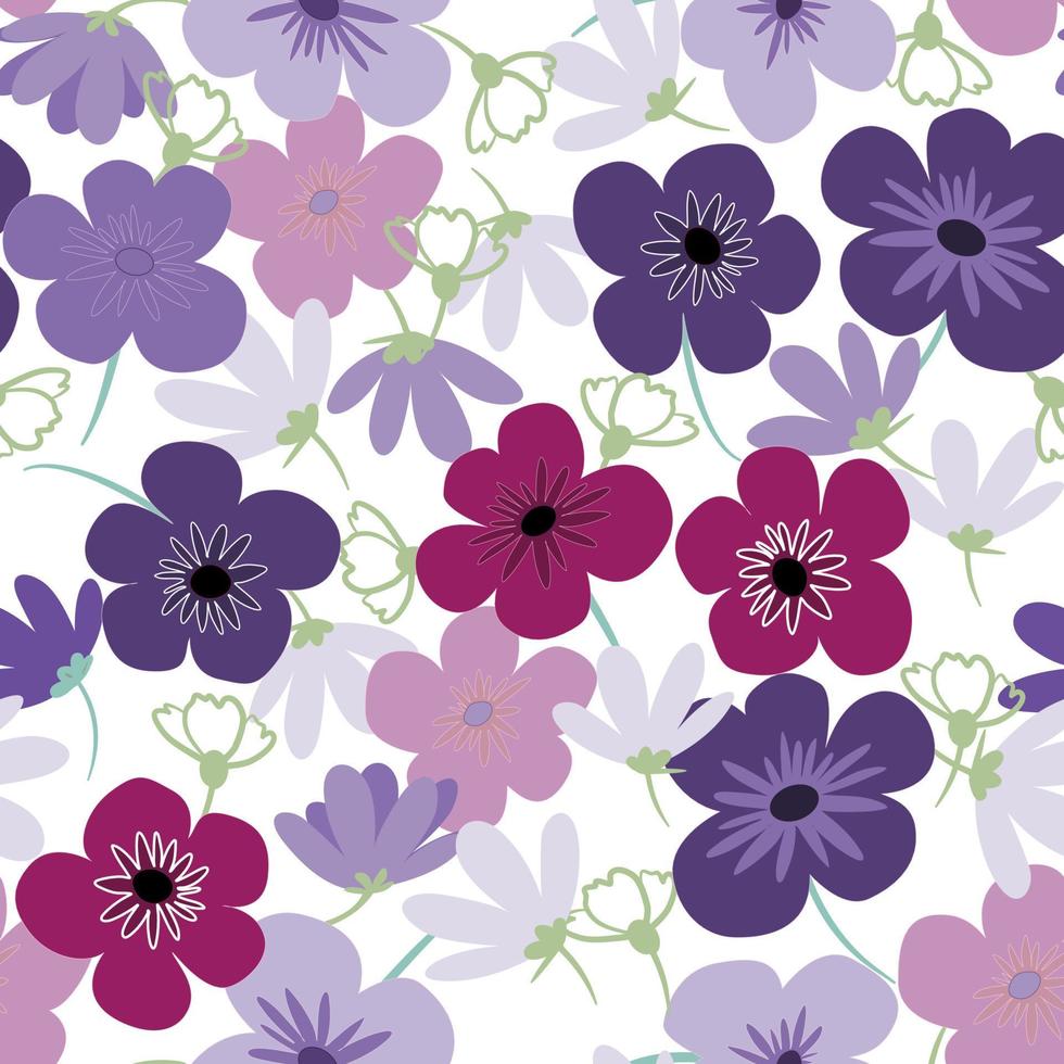 roxo violeta margarida pétala primavera flor flor vetor padrão sem emenda, ilustração de flora abstrata desenho em fundo branco para impressão de têxteis de tecido de moda, papel de parede e embrulho de papel