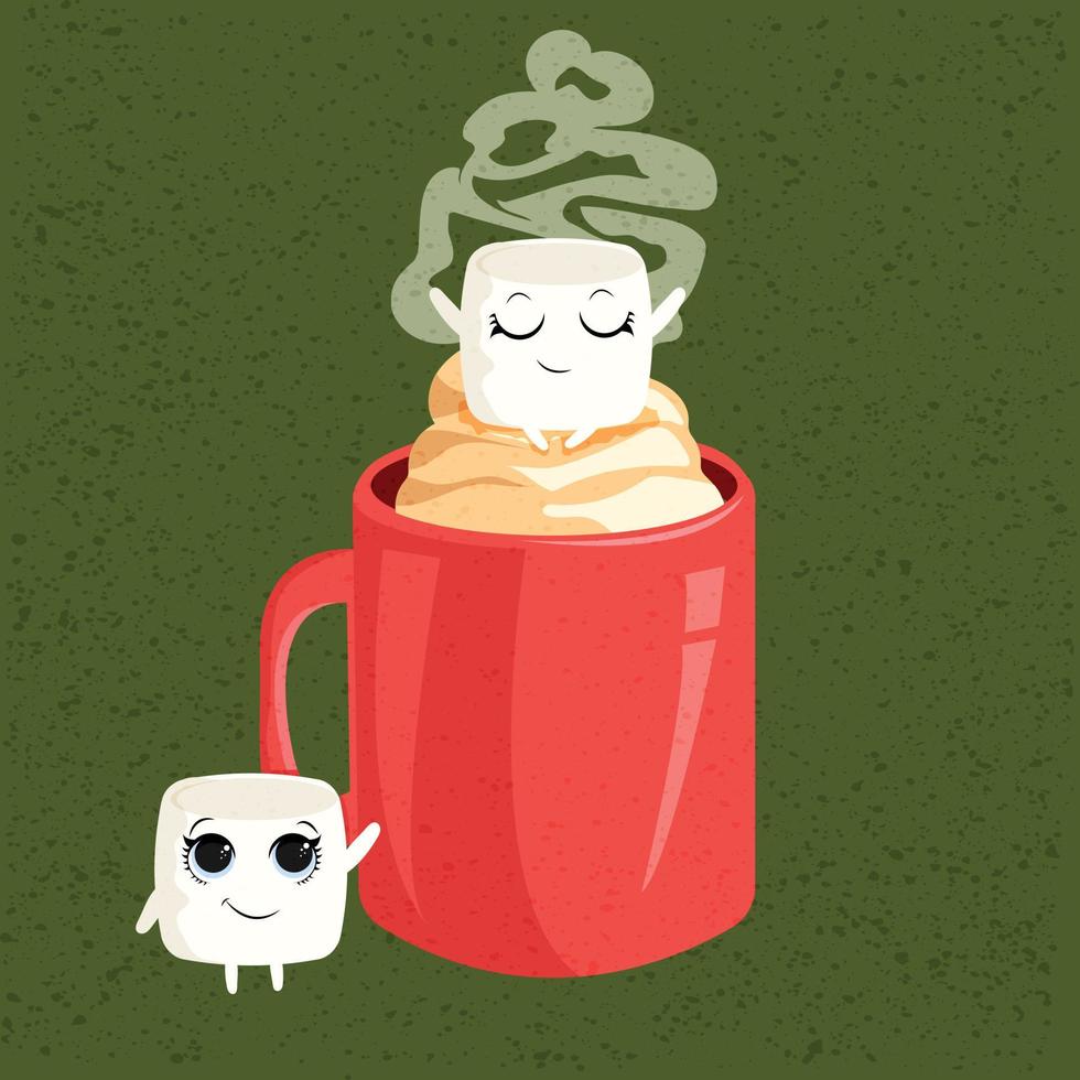 canecas de marshmallow de chocolate quente de chocolate aconchegante ilustração de inverno. cartões postais bonitos desenhados à mão, cartão de felicitações, impressão de arte, folhetos, convite, pôster, folheto, banner. vetor