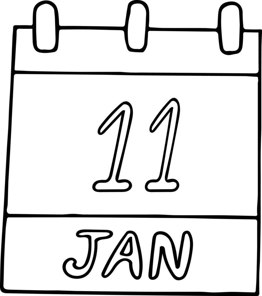 mão de calendário desenhada em estilo doodle. 11 de janeiro, dia internacional de agradecimento, data. ícone, elemento de etiqueta para design. planejamento, férias de negócios vetor