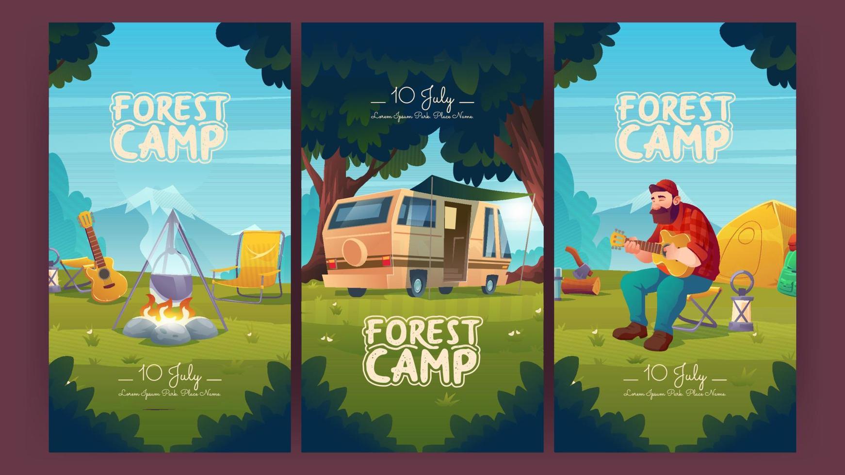 cartazes de convite de desenhos animados de acampamento de floresta., turismo vetor