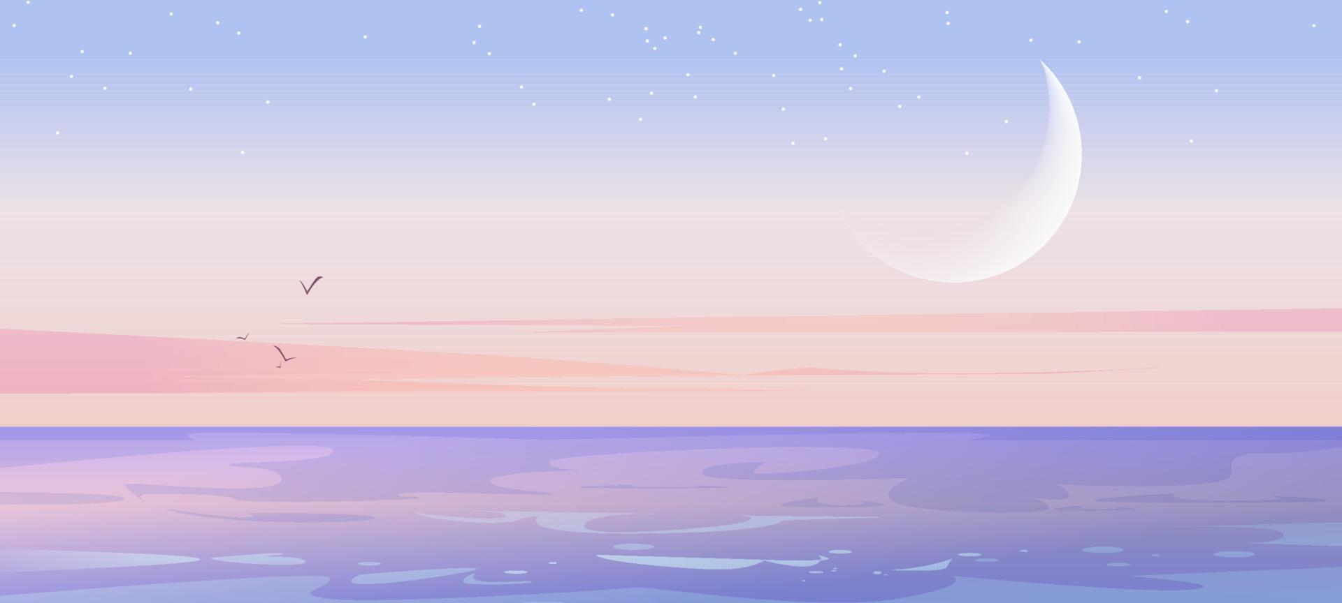 paisagem do mar com lua e estrelas no céu vetor