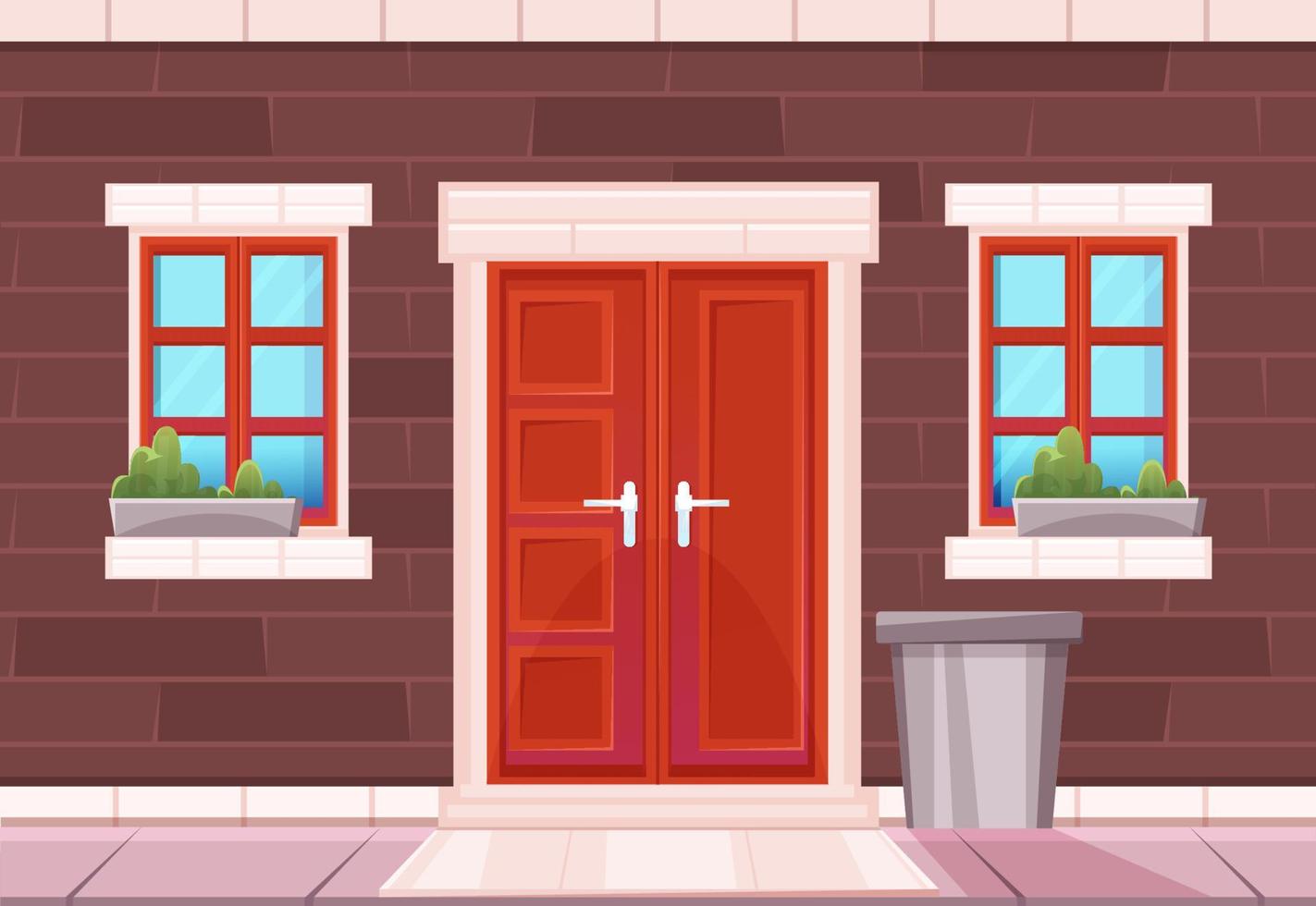 fachada da casa com parede de tijolos, porta vermelha, janelas vetor