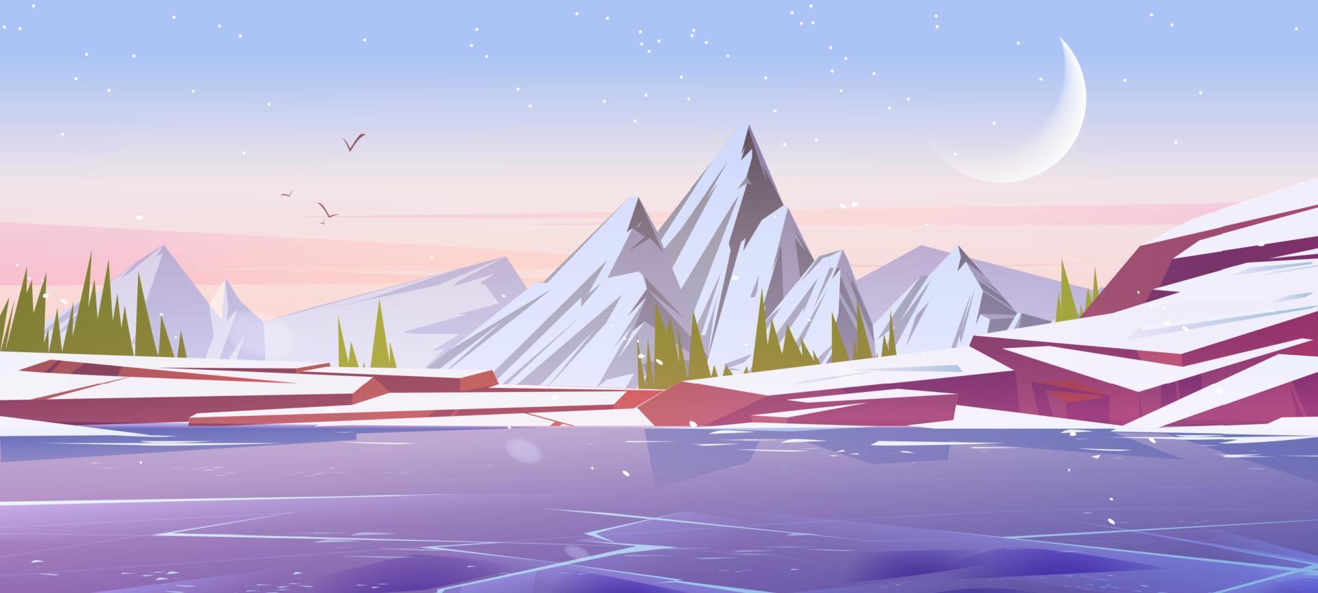 paisagem de inverno com lago congelado e montanhas vetor