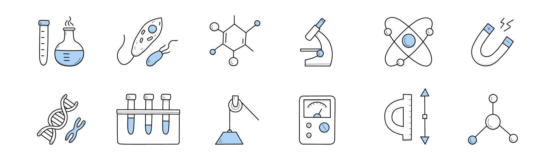 ícones da ciência, pesquisa em química e biologia vetor