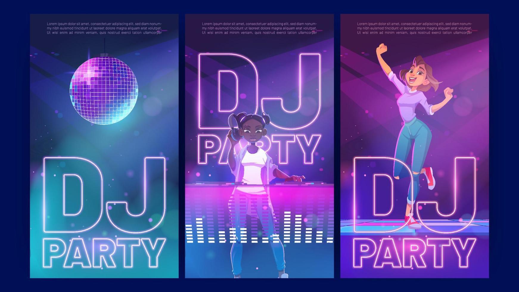 cartazes de convite de desenho animado de festa dj, festival de dança vetor
