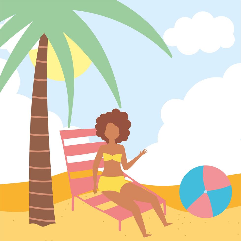 garota na praia com espreguiçadeira e bola vetor