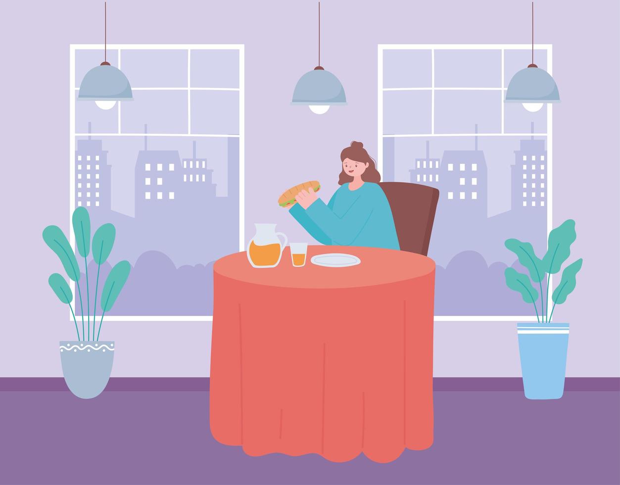 mulher comendo sozinha dentro de casa vetor
