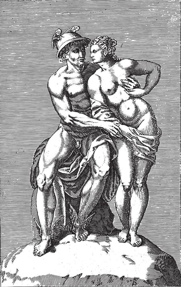 grupo de escultura com mercúrio e uma deusa, anônima, 1584, ilustração vintage. vetor