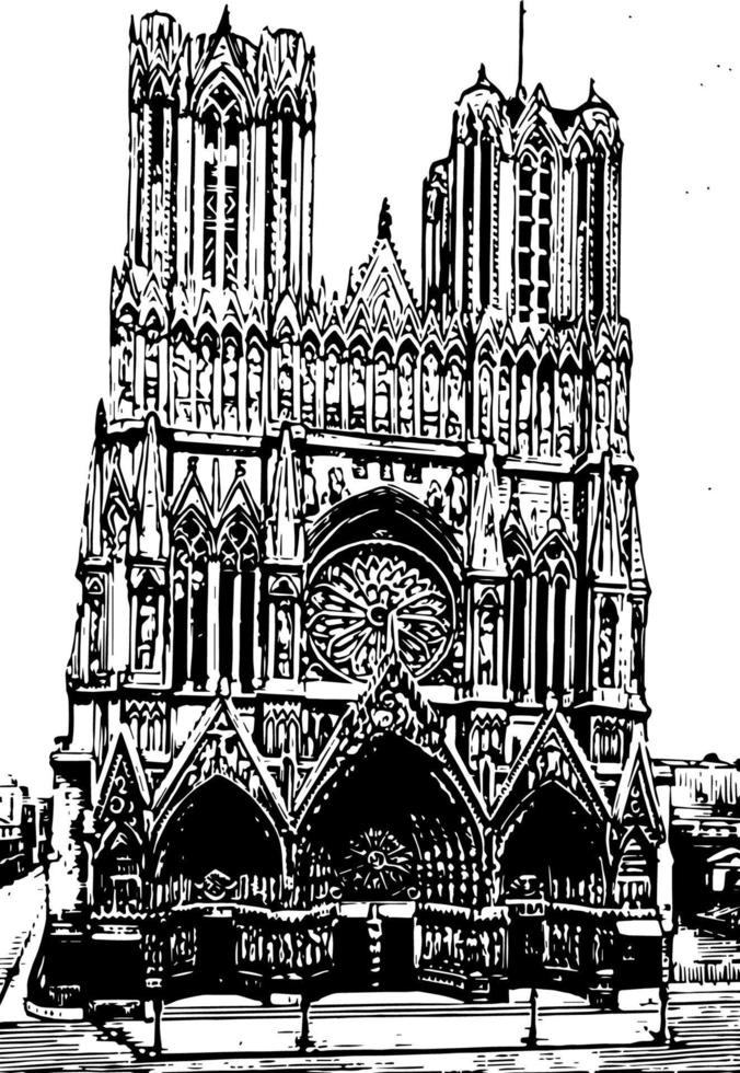 gravura vintage da grande região leste da catedral de reims. vetor