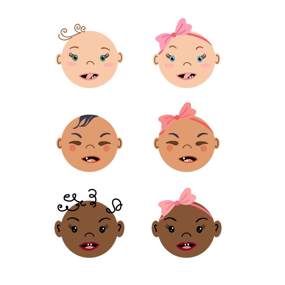 retratos frontais de recém-nascidos surpresos. conjunto de rostos de bebê multirraciais. meninos e meninas pequeninos. estilo simples ilustrações vetoriais desenhadas à mão. vetor