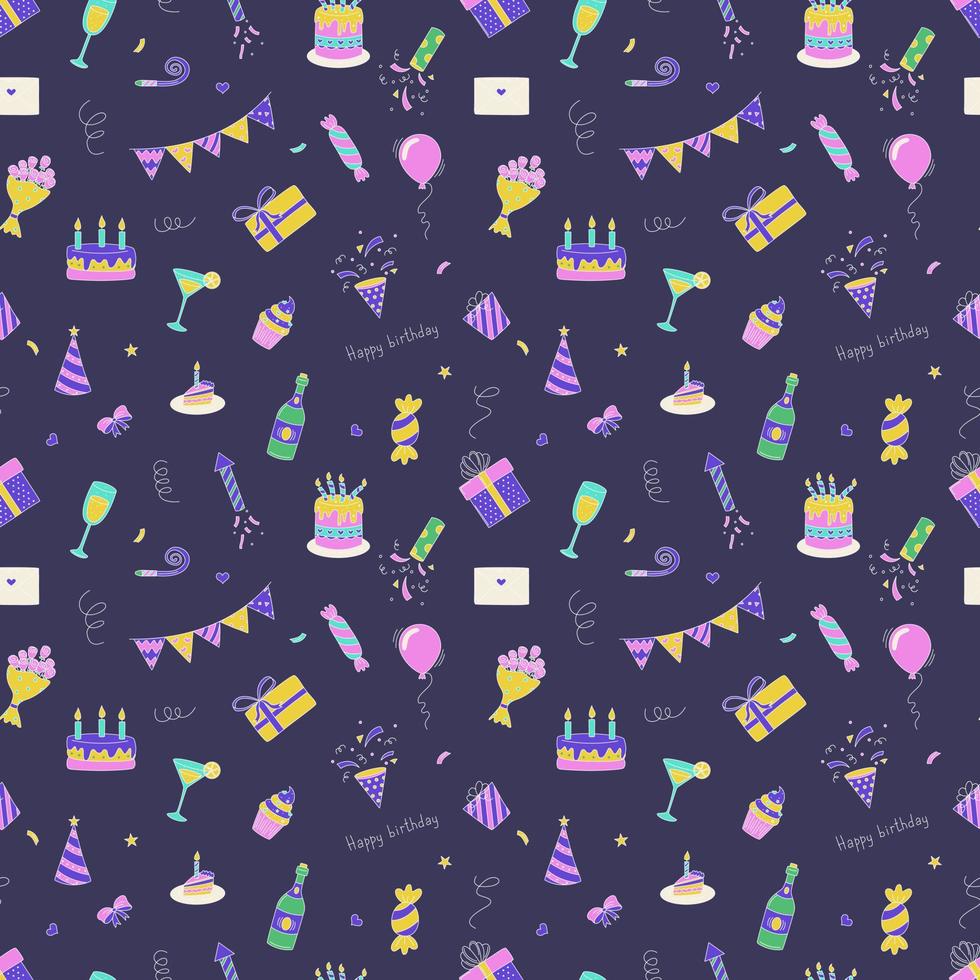 feliz Aniversário. padrão sem emenda com elementos de aniversário. bolos, presentes, balões e muito mais. vetor
