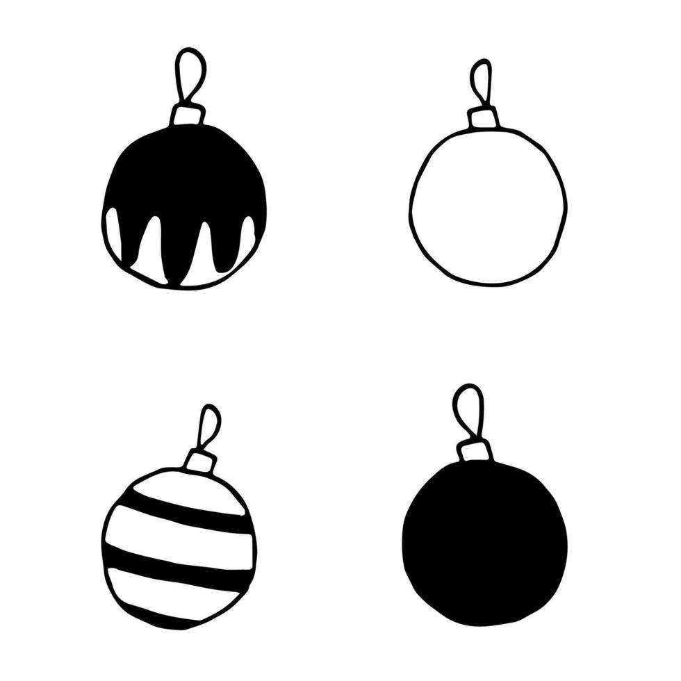 doodle conjunto com bolas de natal. coleção preto e branca de enfeites de natal. ilustração vetorial para o natal e ano novo. clipart de celebração de inverno. vetor