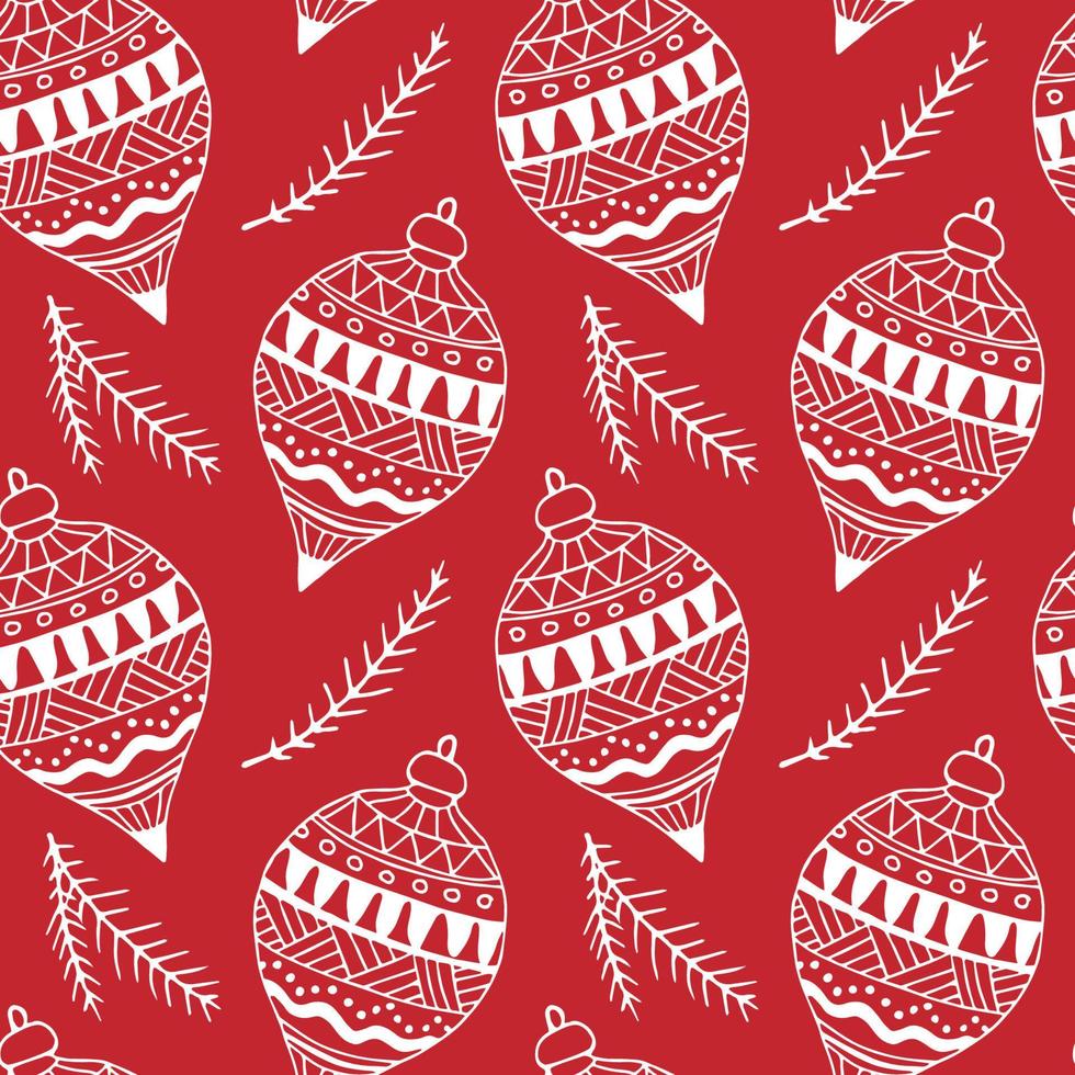 padrão sem emenda de Natal vermelho e branco. ilustração vetorial para celebração de inverno. galhos de árvore de natal desenhados à mão e enfeite de natal. vetor