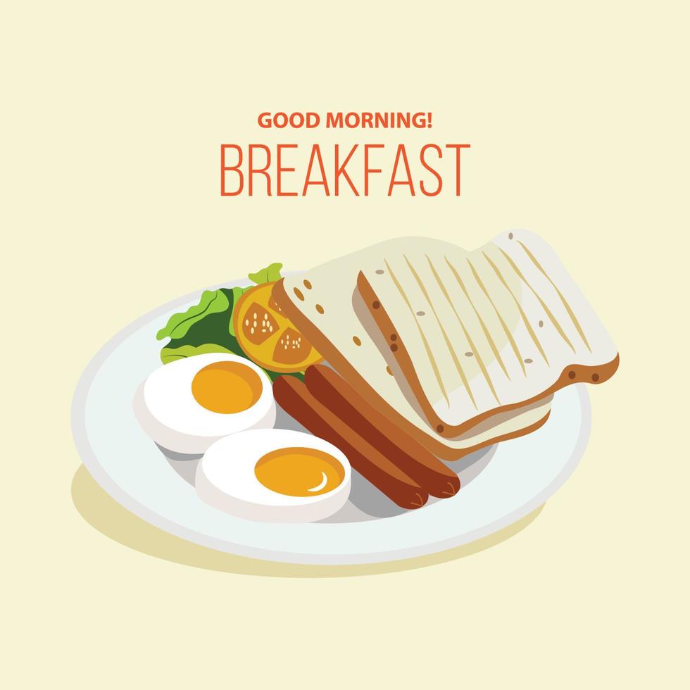 pão de café da manhã com ovos e salsicha vetor