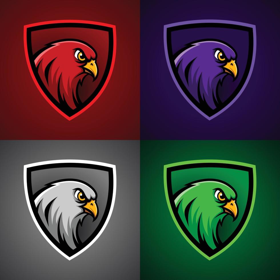conjunto de logotipo e-sport de mascote falcão com escudo. vetor