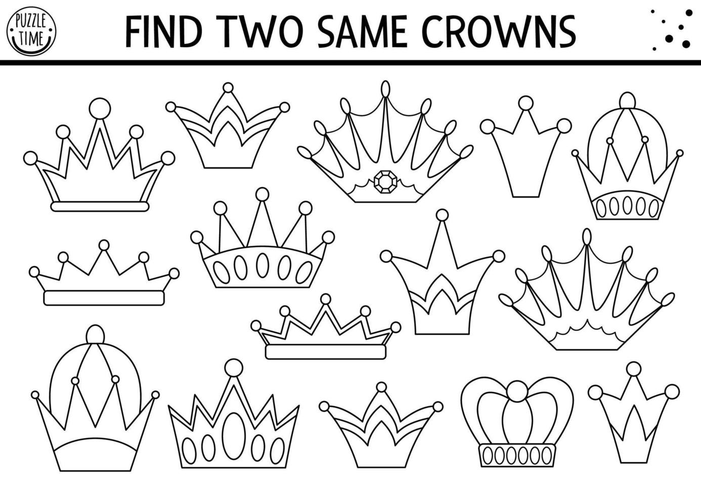 encontrar duas coroas iguais. atividade de correspondência de conto de fadas preto e branco para crianças. planilha de quiz reino mágico para crianças para habilidades de atenção. jogo simples para impressão ou página para colorir vetor