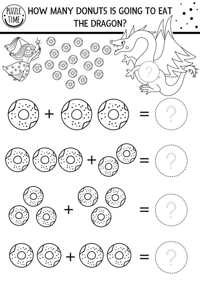 quantos jogos de donuts com criaturas fofas de conto de fadas. atividade de adição matemática reino mágico preto e branco para crianças pré-escolares. planilha de contagem simples imprimível ou página para colorir com dragão vetor