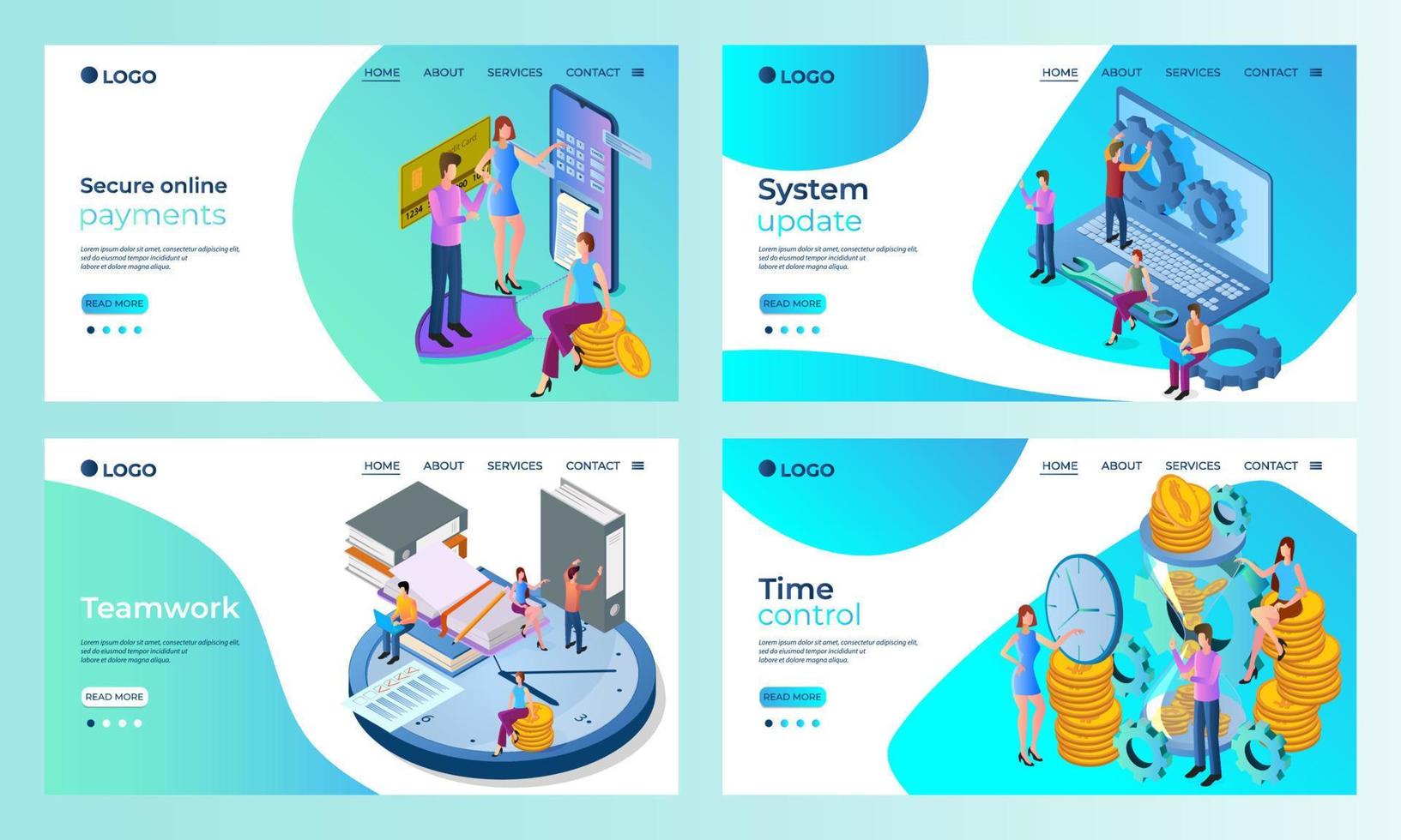 um conjunto de pagamentos templates.secure da página de destino, atualizações do sistema, trabalho em equipe, controle de tempo.templates para uso em ilustração vetorial development.flat de aplicativos móveis. vetor
