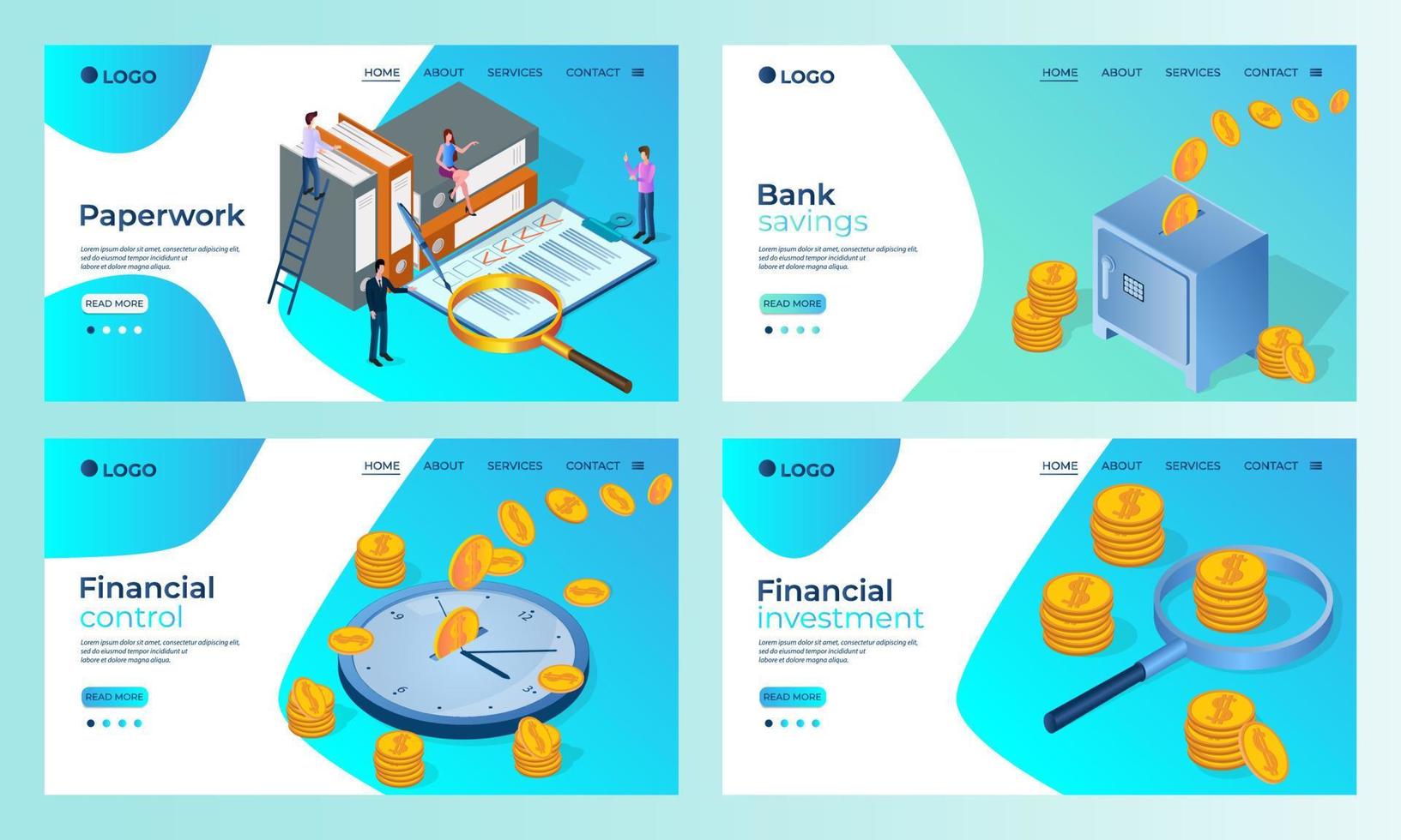 um conjunto de gestão de templates.office de página de destino, bancário, controle financeiro, investimentos financeiros.templates para uso em ilustração vetorial development.flat de aplicativos móveis. vetor